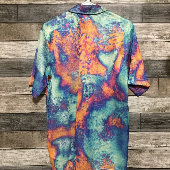 Adidas Mesh Jersey Button Up Shirt Men’s S Blue Tie Dye Embroidered Lightweight - Picture 4 of 10